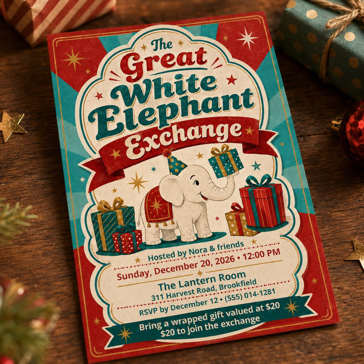 Retro White Elephant Exchange Invitation — Christmas celebration stationery by VoltBy