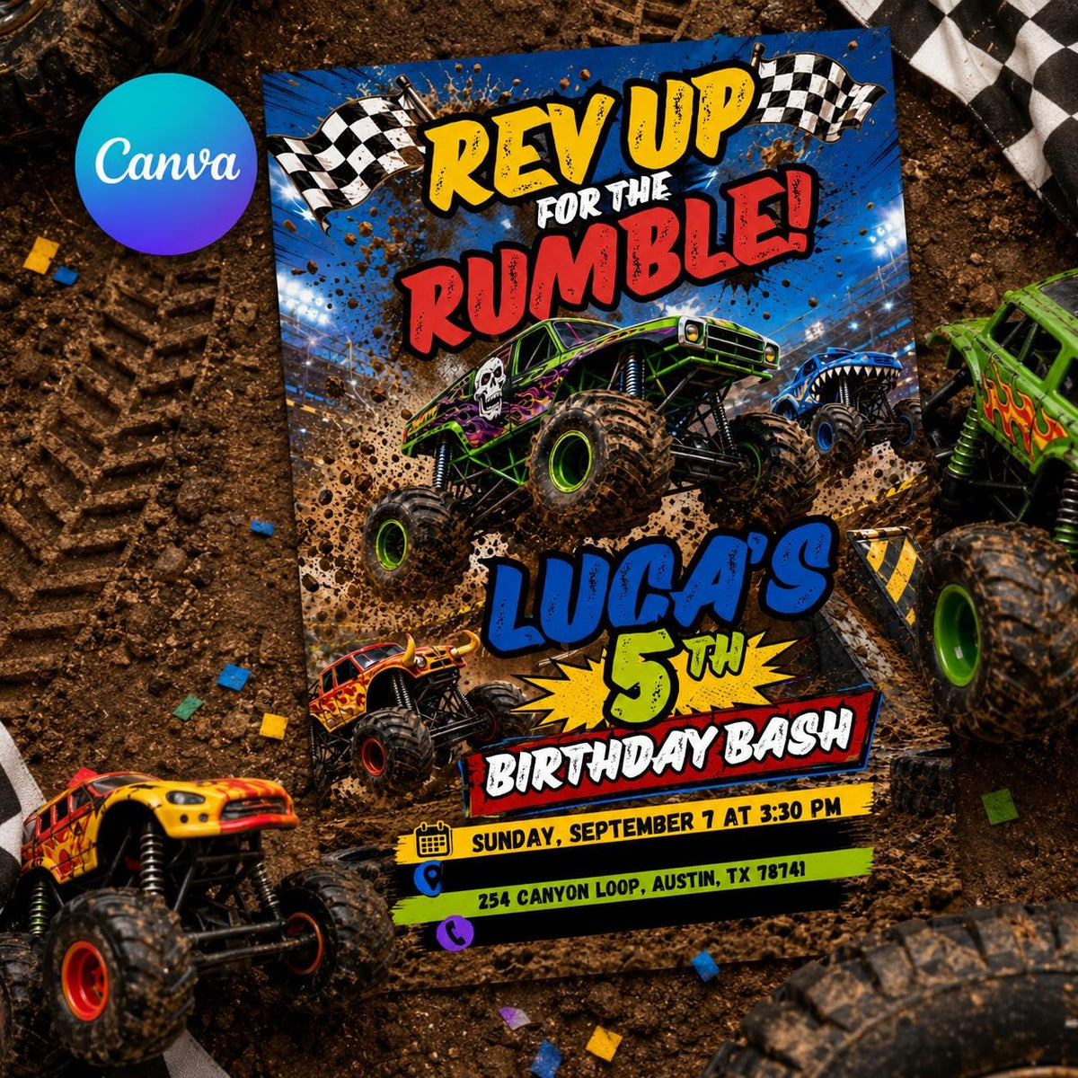 Rev Up for the Rumble Monster Truck 5th Birthday Invitation — print-ready 5th birthday party design from VoltBy