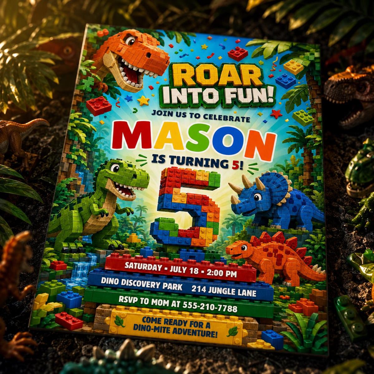Roar Into Fun Dinosaur Block 5th Birthday Invitation — printable invitation from VoltBy