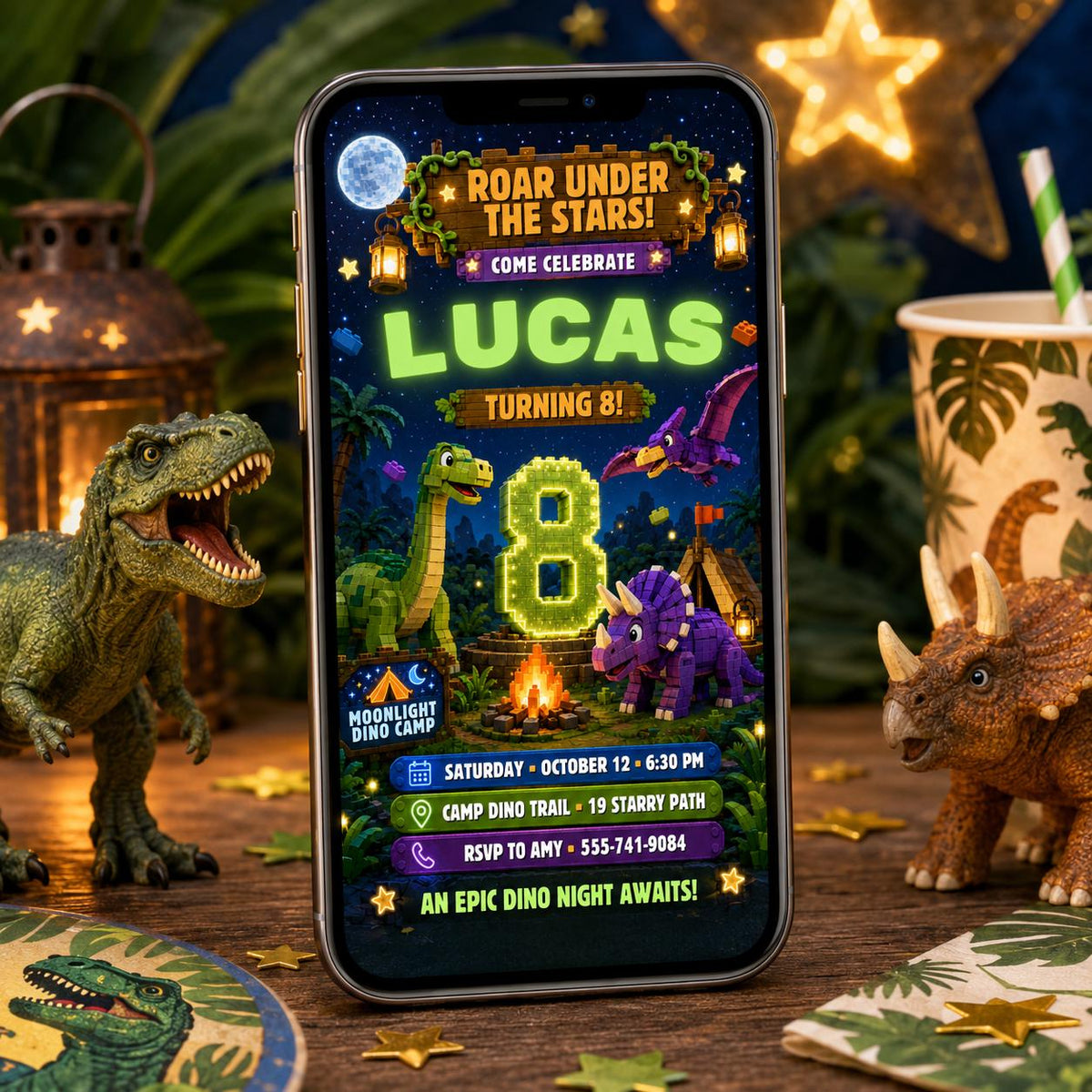 Roar Under the Stars Dinosaur Birthday Invitation for Boys — digital invitation, instant download