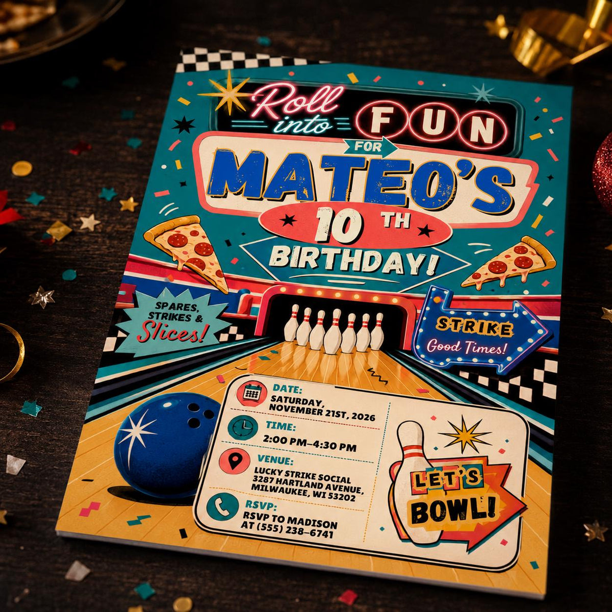 Roll into Fun Bowling and Pizza 10th Birthday Invitation — print-ready 10th birthday party design from VoltBy