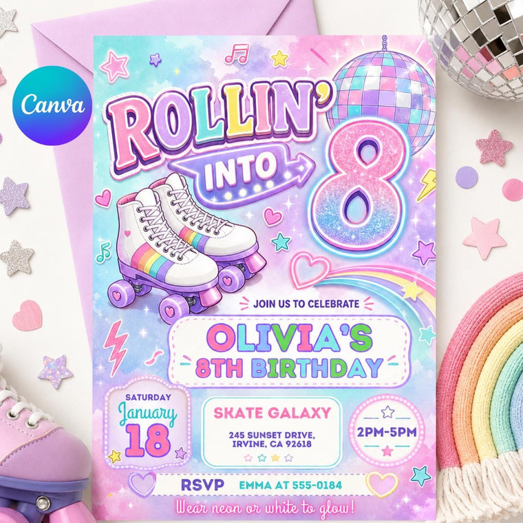 Rollin' into Eight Pastel Roller Skate 8th Birthday Invitation