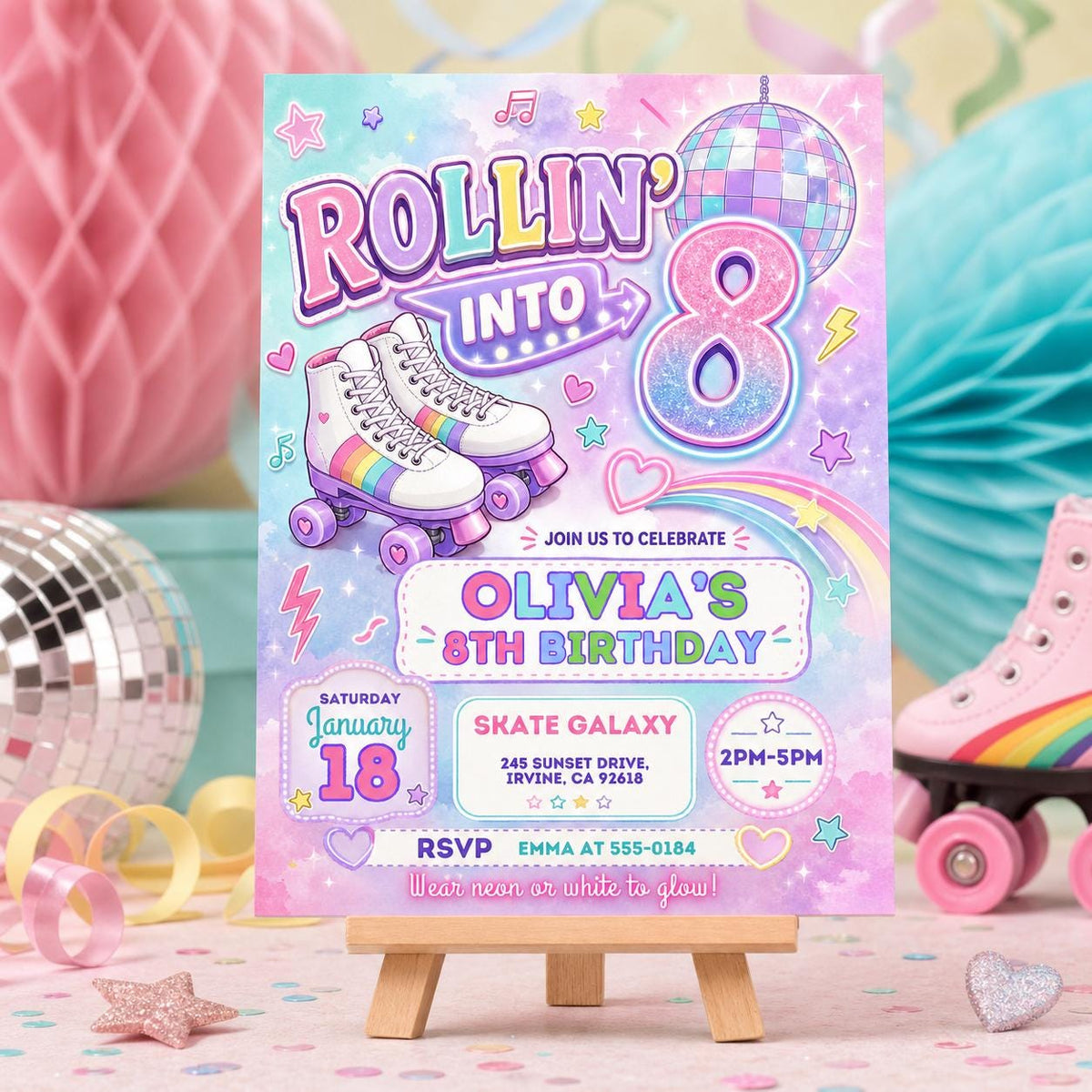 Pastel Roller Skate 8th Birthday Invitation with Disco Ball — 8th birthday party stationery by VoltBy