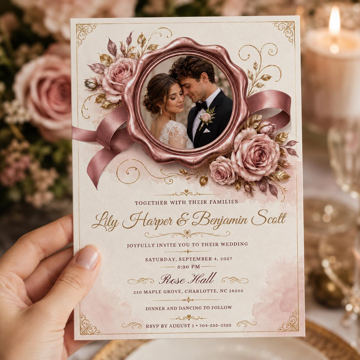 Rose Gold Floral Vintage Wedding Invitation — digital invitation, instant download