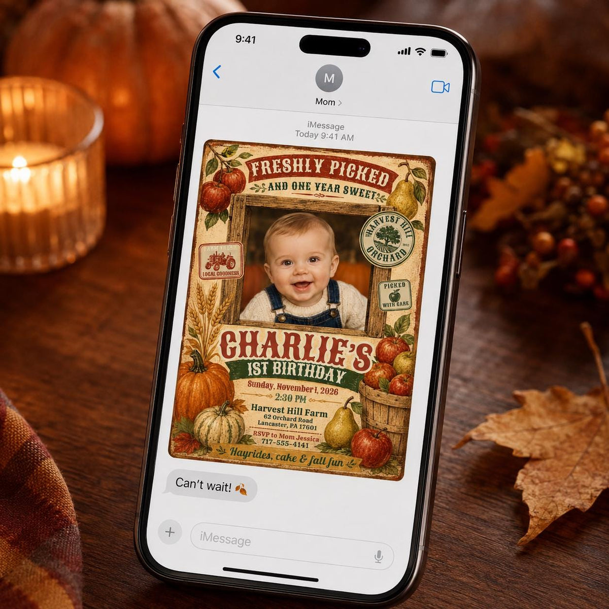 Rustic 1st Birthday Apple Orchard Invitation for Boys — digital invitation, instant download