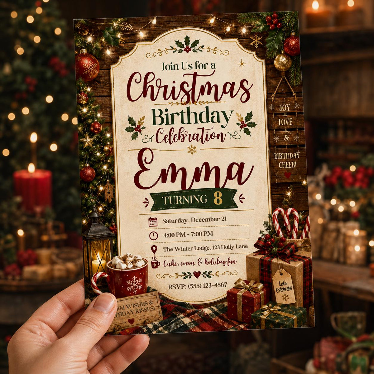 Rustic Christmas 8th Birthday Invitation for Girls — 8th birthday party stationery by VoltBy