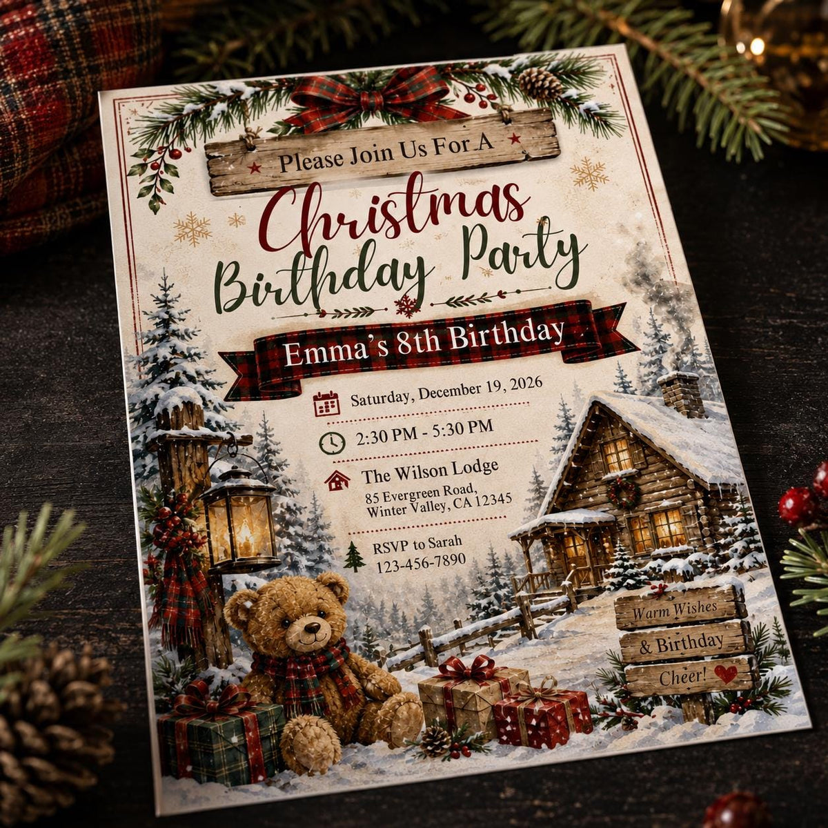Rustic Christmas 8th Birthday Invitation — digital invitation, instant download