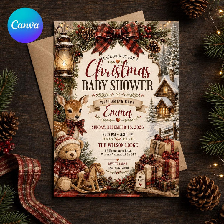 Rustic Christmas Baby Shower Invitation with Teddy Bear
