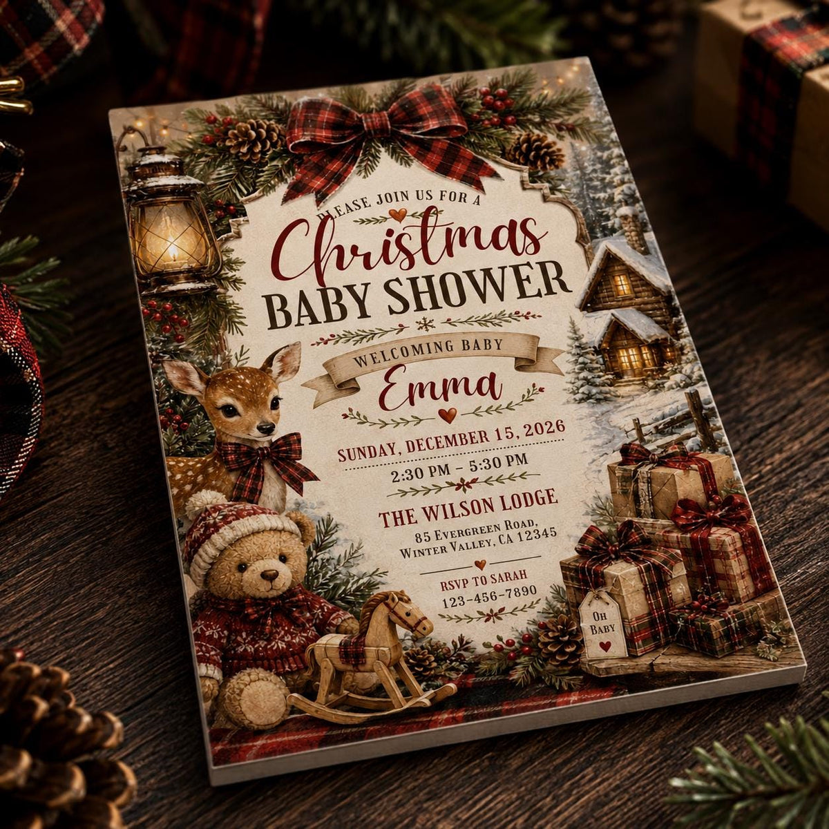 Rustic Christmas Baby Shower Invitation with Teddy Bear — print-ready baby shower design from VoltBy