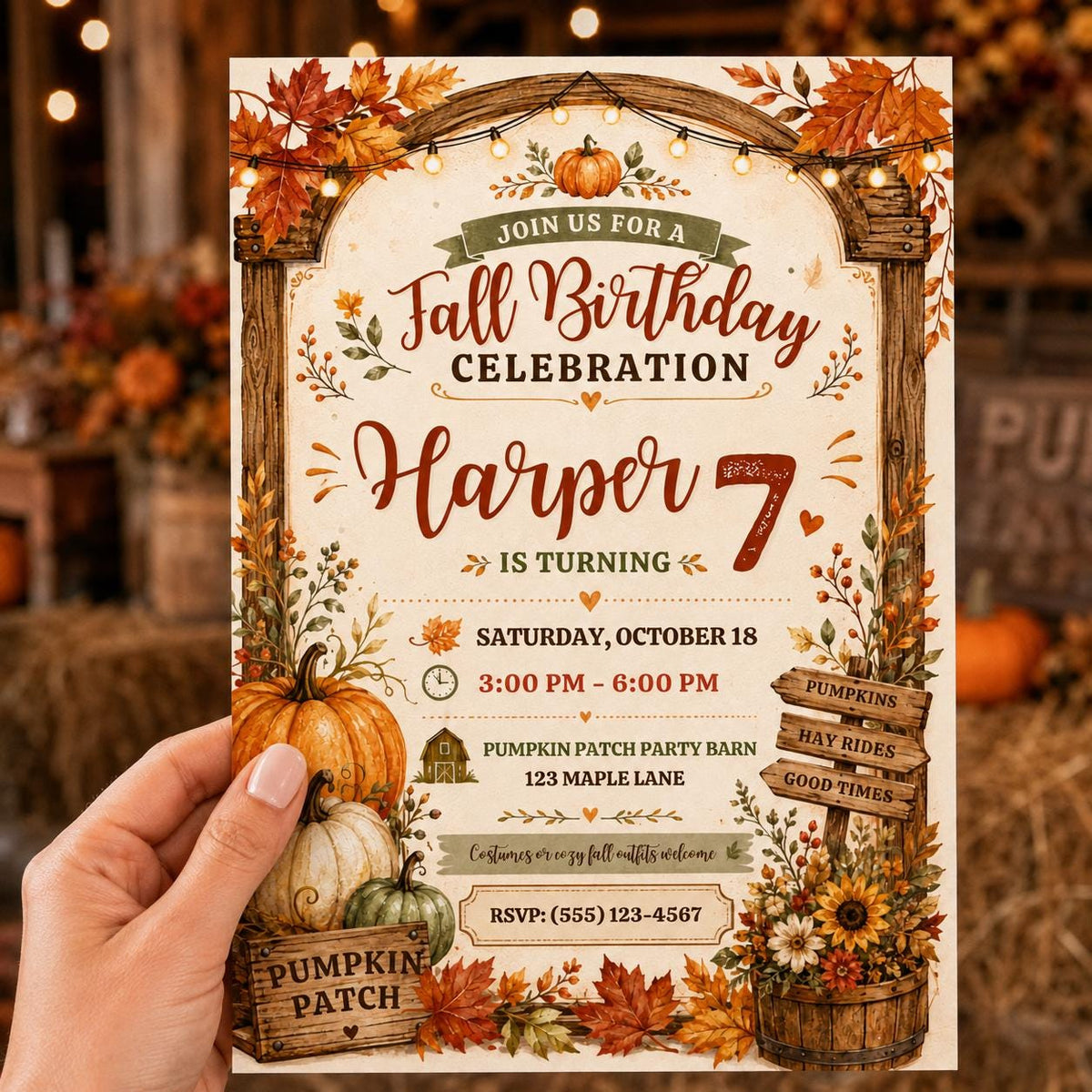 Rustic Fall 7th Birthday Invitation for Girls — digital invitation, instant download