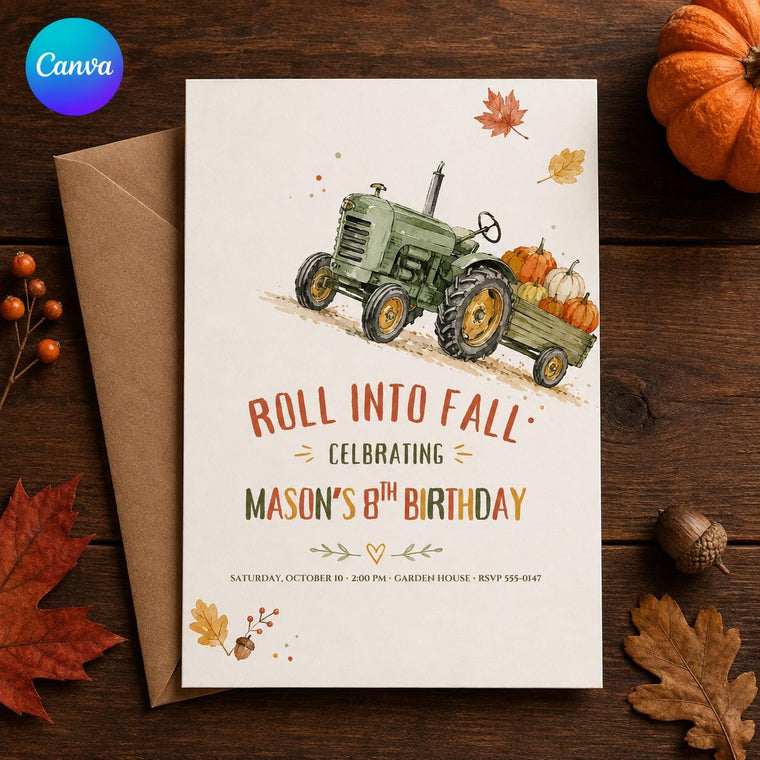 Rustic Fall Tractor 8th Birthday Invitation for Boys