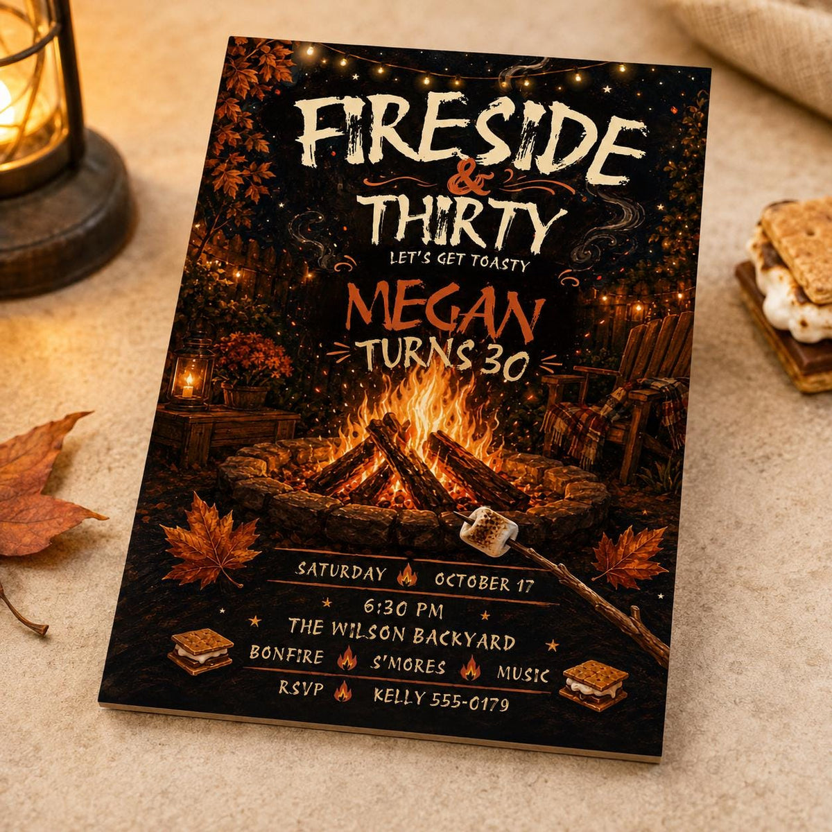 Rustic Fireside 30th Birthday Invitation — digital invitation, instant download