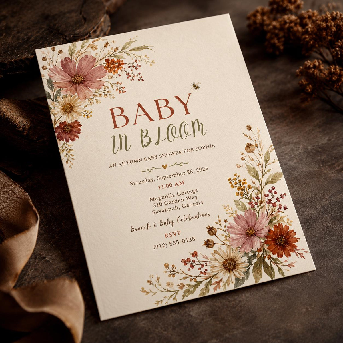 Rustic Floral Baby in Bloom Baby Shower Invitation — digital invitation, instant download