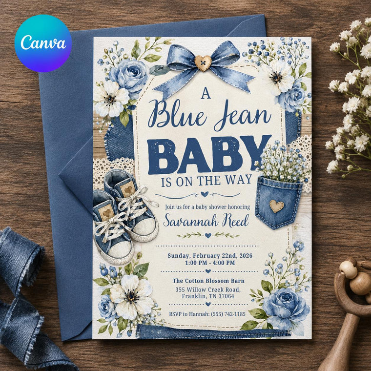 Rustic Floral Blue Jean Baby Shower Invitation for Boys