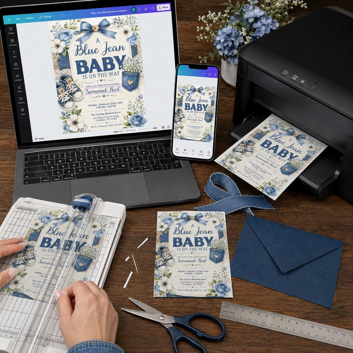 Rustic Floral Blue Jean Baby Shower Invitation for Boys — digital invitation, instant download