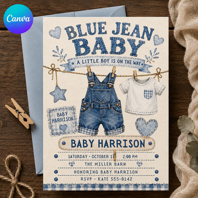Rustic Gingham Blue Jean Baby Shower Invitation for Boys