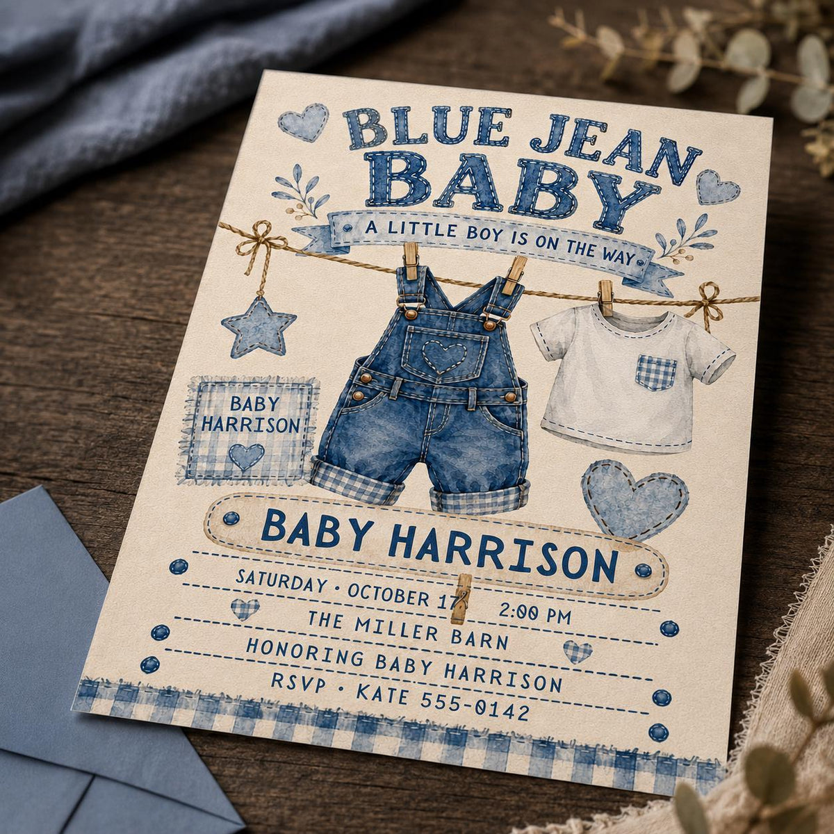 Rustic Gingham Blue Jean Baby Shower Invitation for Boys — digital invitation, instant download