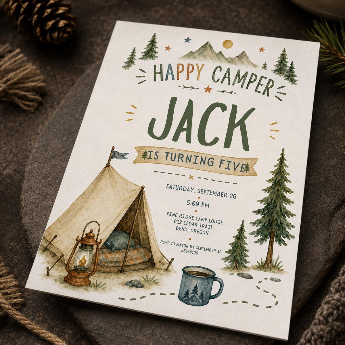 Rustic Happy Camper 5th Birthday Invitation for Boys — digital invitation, instant download