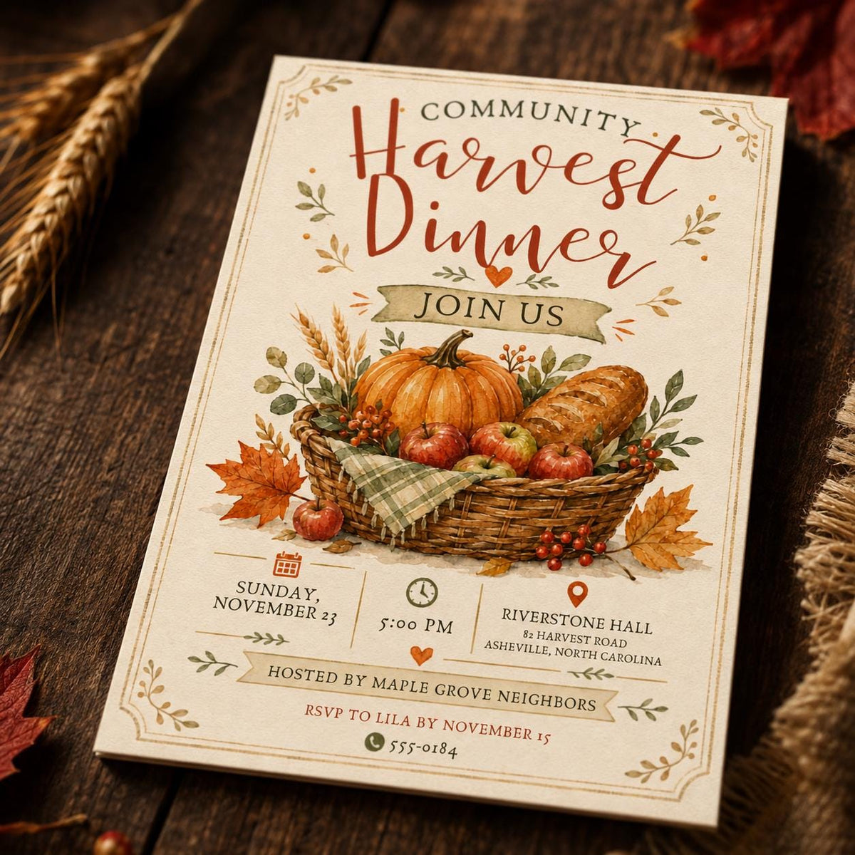 Rustic Harvest Dinner Invitation — dinner party stationery by VoltBy