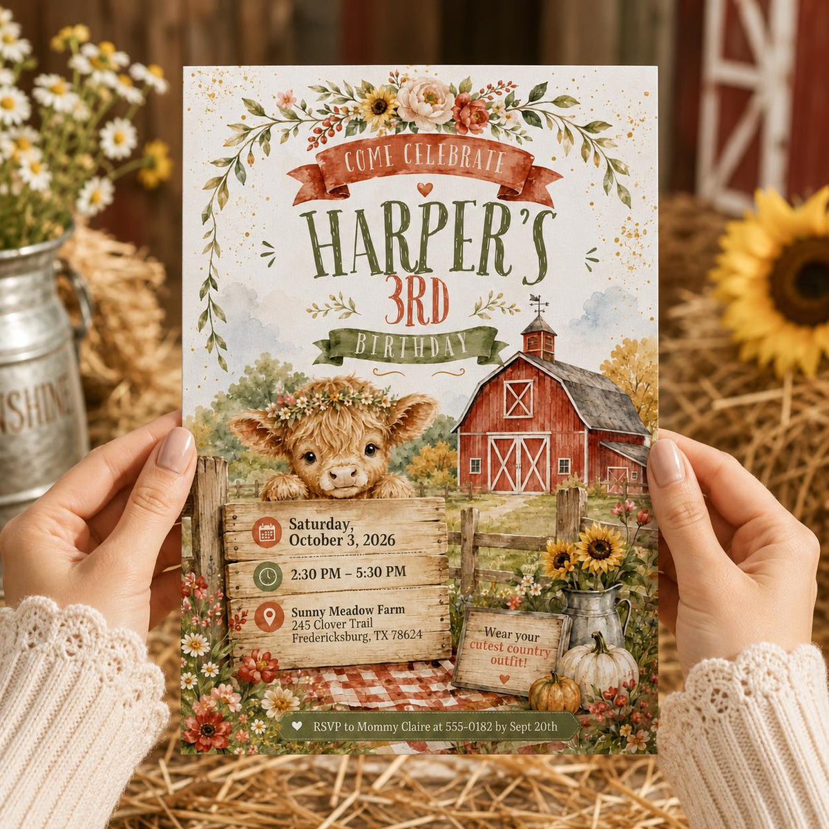 Rustic Highland Cow 3rd Birthday Invitation for Girls — digital invitation, instant download