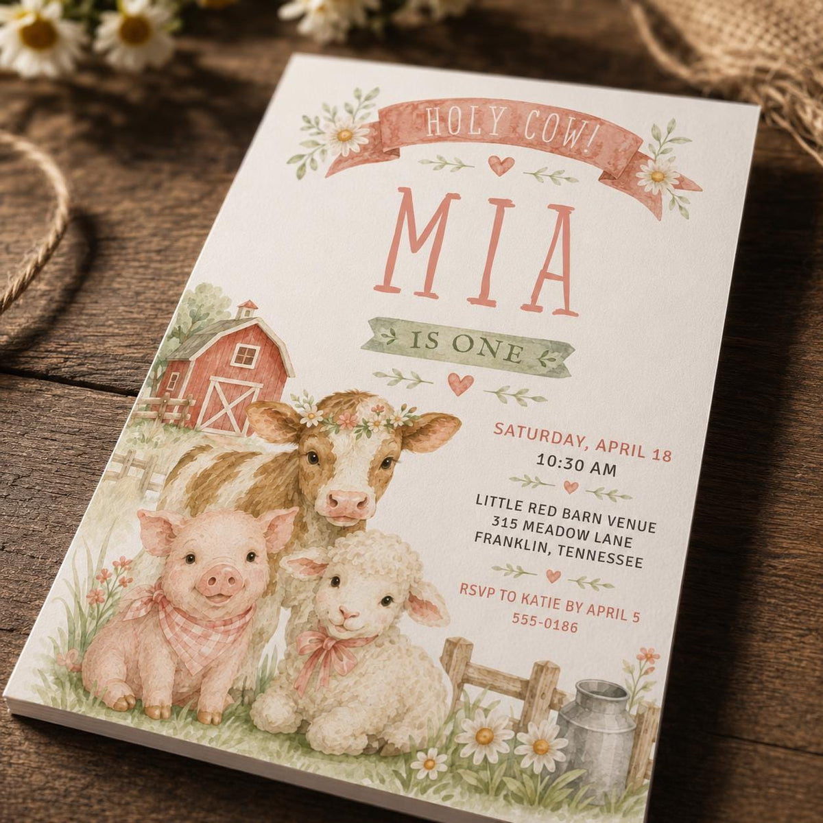Rustic Holy Cow First Birthday Invitation for Girls — digital invitation, instant download