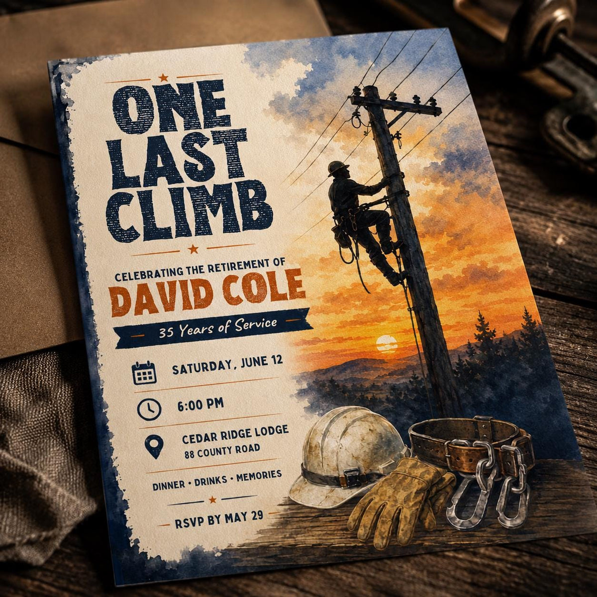 Rustic Lineman Retirement Invitation — retirement party stationery by VoltBy