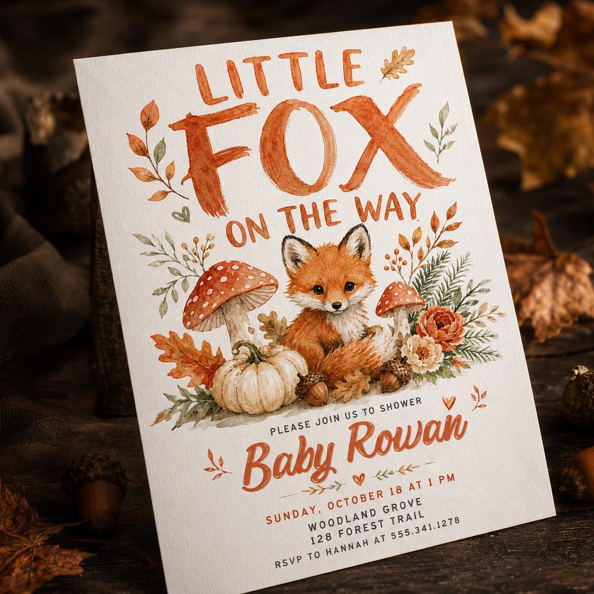 Rustic Little Fox Baby Shower Invitation — digital invitation, instant download