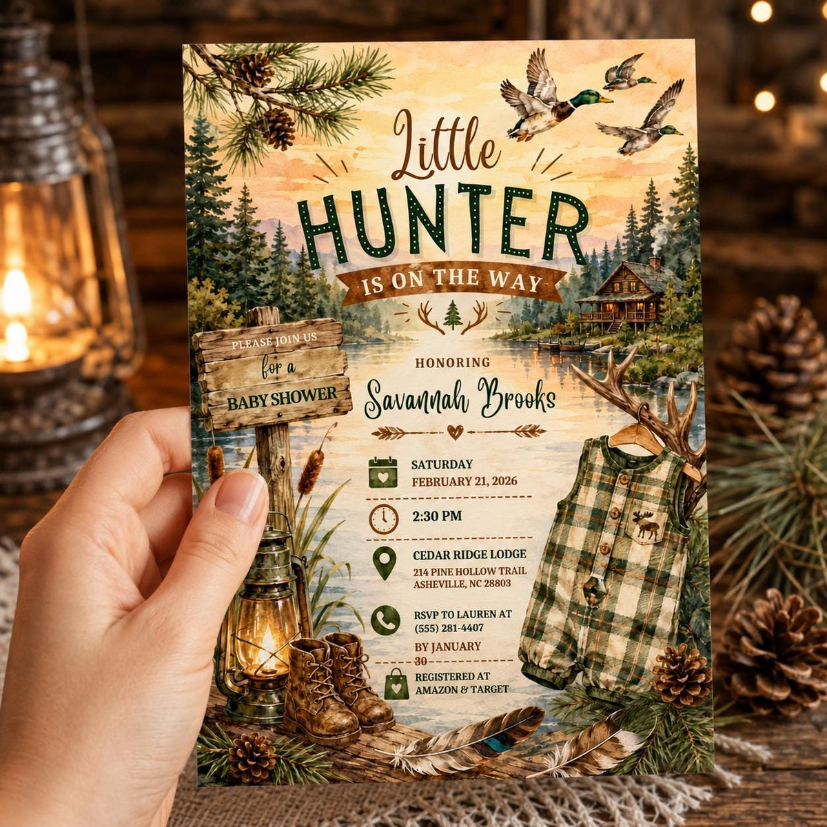 Rustic Little Hunter Baby Shower Invitation: Rustic Duck Hunting Boy — digital invitation, instant download