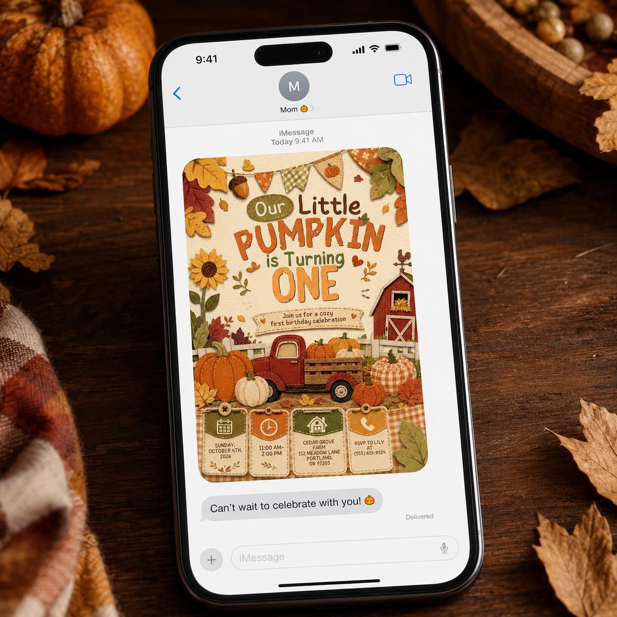 Rustic Little Pumpkin First Birthday Invitation for Girls — digital invitation, instant download