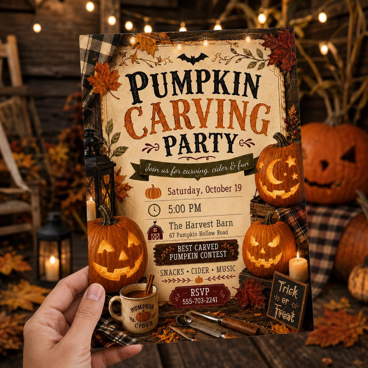 Rustic Pumpkin Carving Party Invitation: Rustic Fall Halloween Contest with Cider — Halloween party stationery by VoltBy