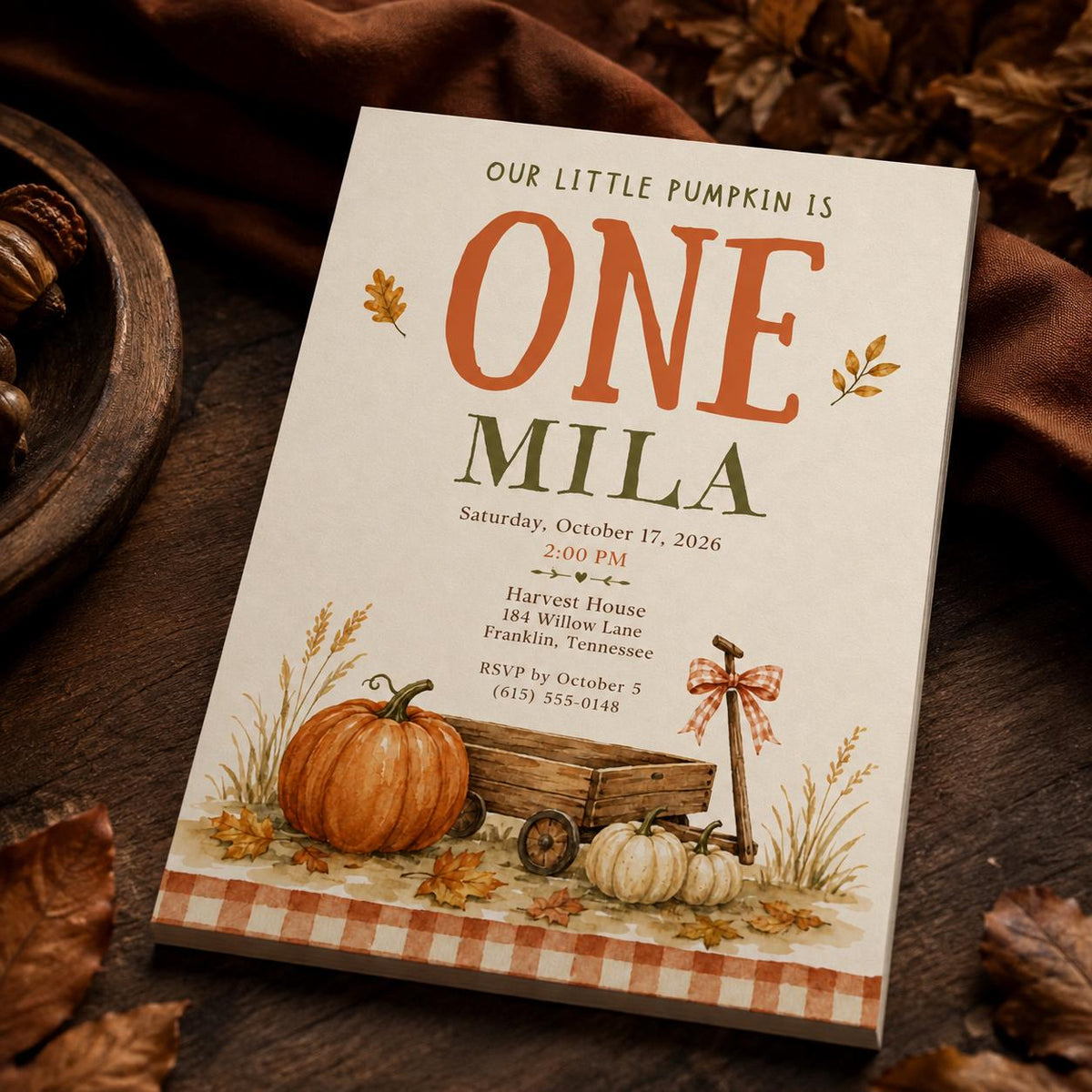 Rustic Pumpkin Crate First Birthday Invitation — print-ready first birthday design from VoltBy