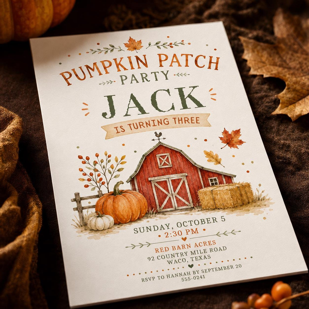 Rustic Pumpkin Patch 3rd Birthday Invitation — 3rd birthday party stationery by VoltBy