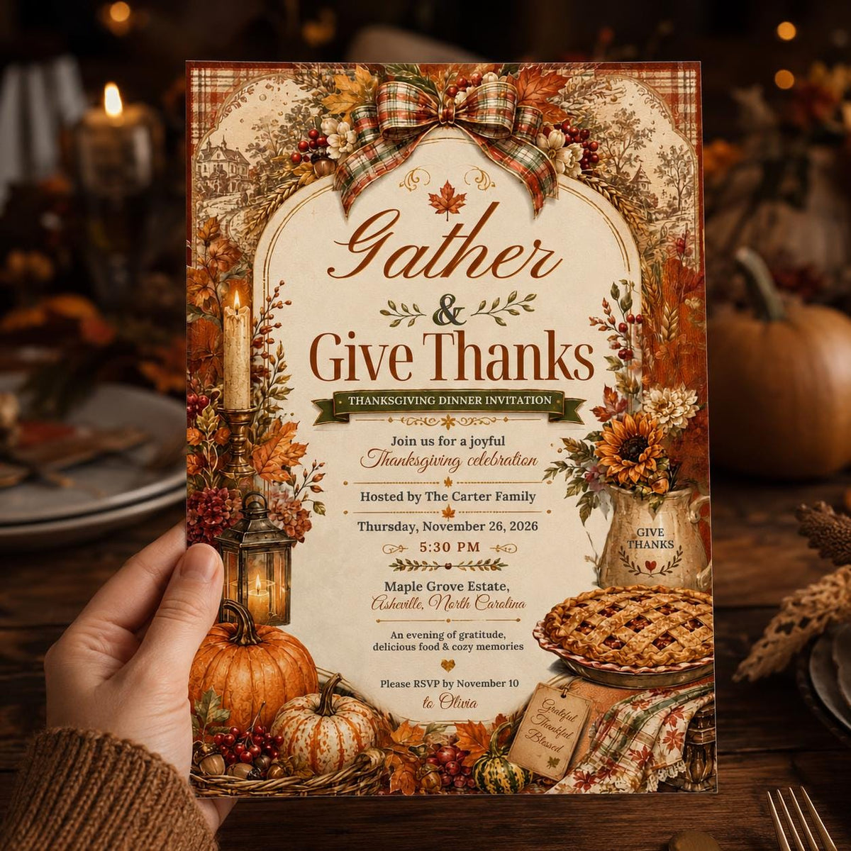 Rustic Thanksgiving Dinner Invitation — Thanksgiving gathering stationery by VoltBy