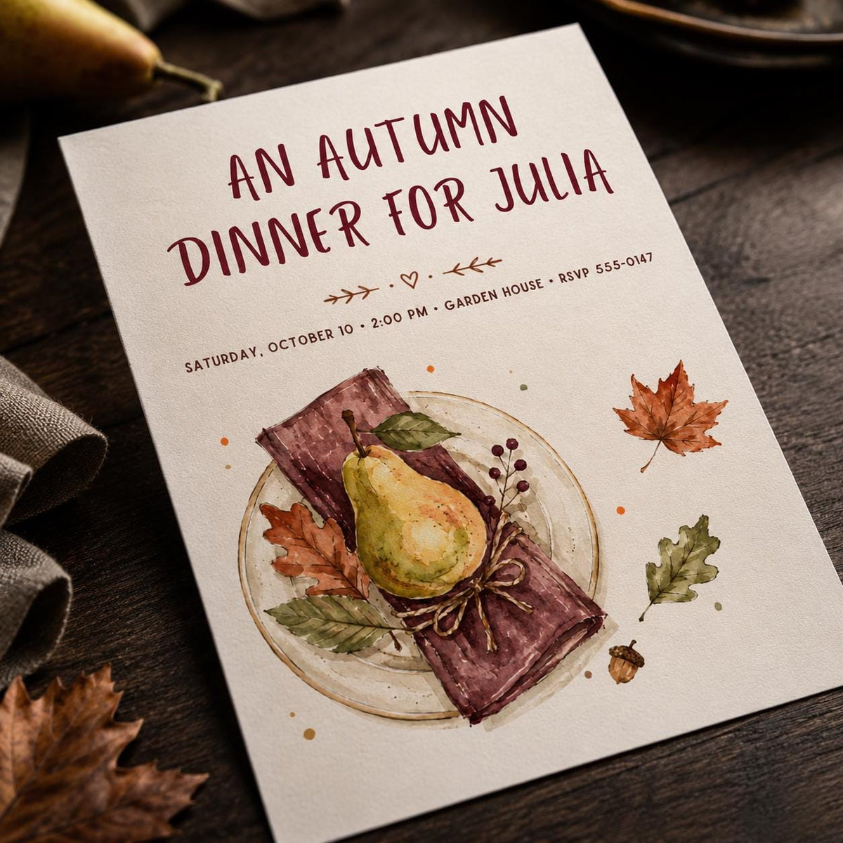 Rustic Watercolor Autumn Dinner Invitation — digital invitation, instant download