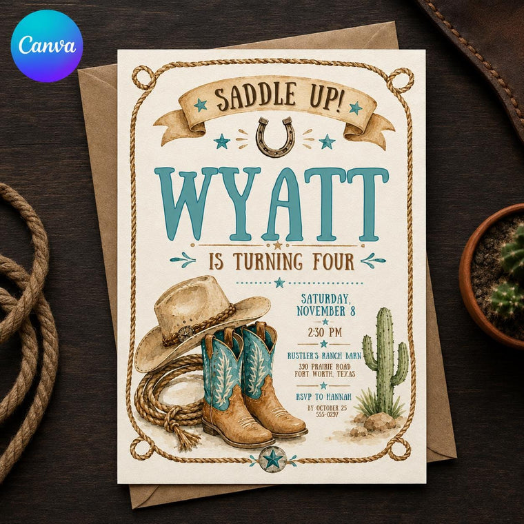 Rustic Western Cowboy 4th Birthday Invitation