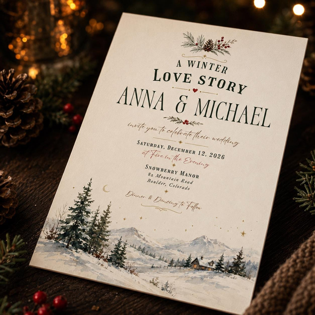 Rustic Winter Wedding Invitation: Snowy Mountain Evergreen Wedding — digital invitation, instant download