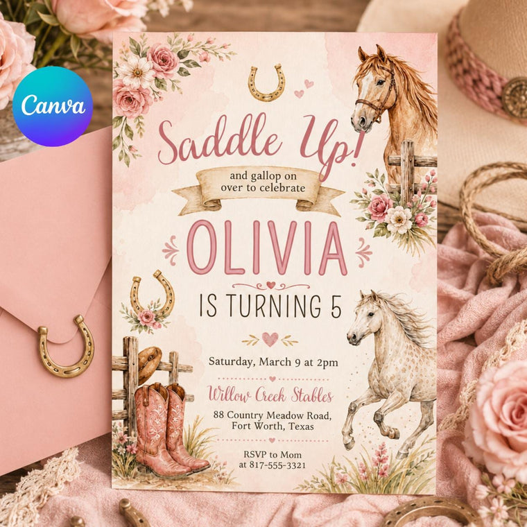 Saddle Up Horse 5th Birthday Invitation with Pink Boots