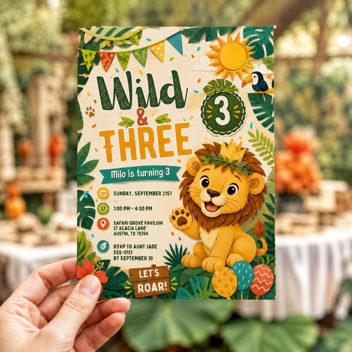 Safari Wild and Three 3rd Birthday Invitation: Lion Safari Jungle Party for Boys — 3rd birthday party stationery by VoltBy