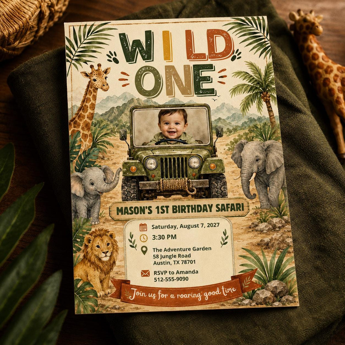 Safari Wild One First Birthday Invitation for Boys — first birthday stationery by VoltBy
