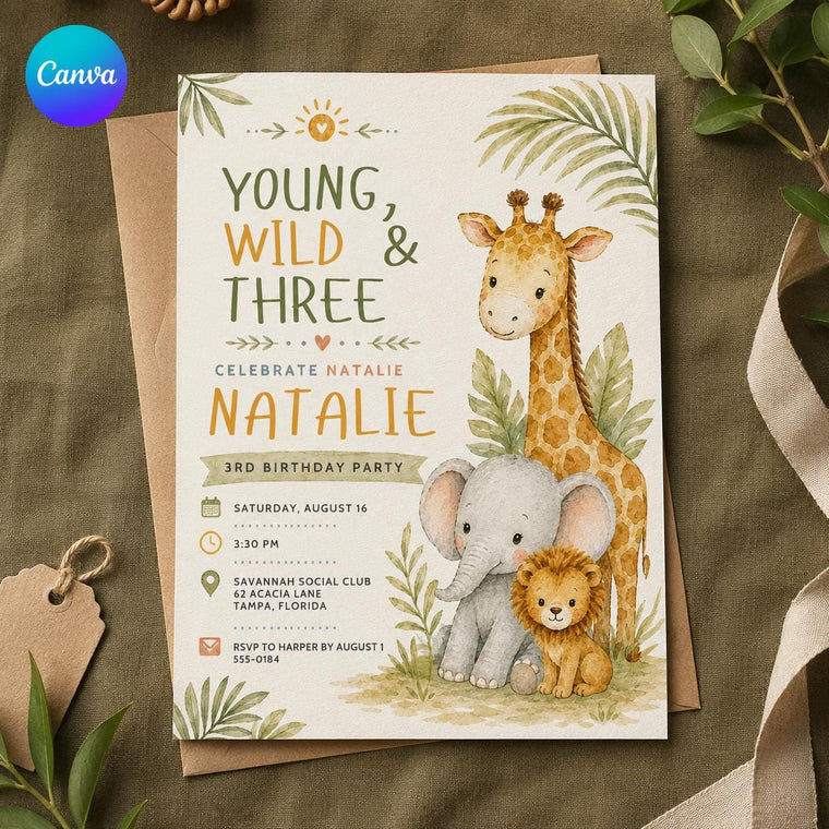 Safari Young Wild and Three Birthday Invitation