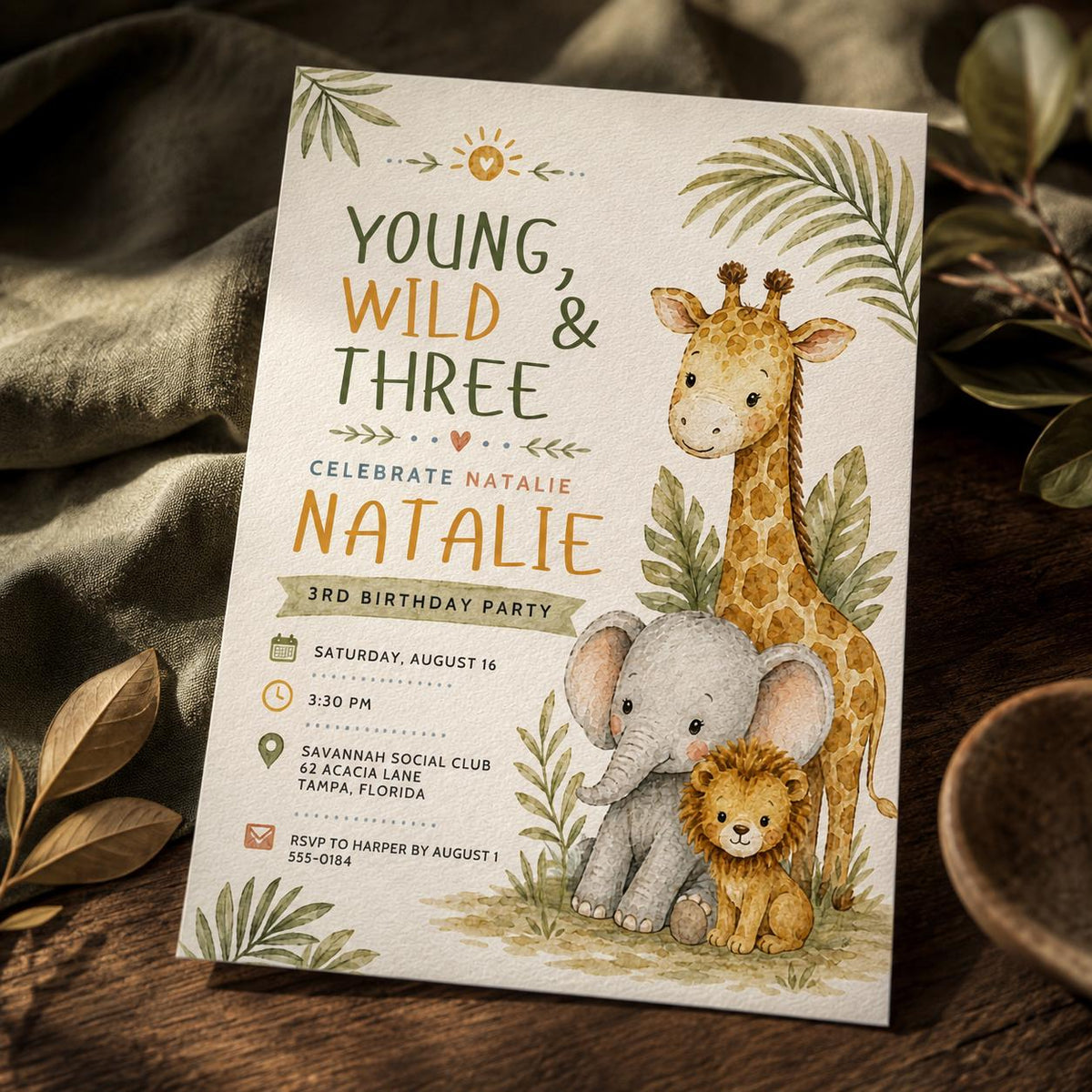 Safari Young Wild and Three Birthday Invitation — 3rd birthday party stationery by VoltBy