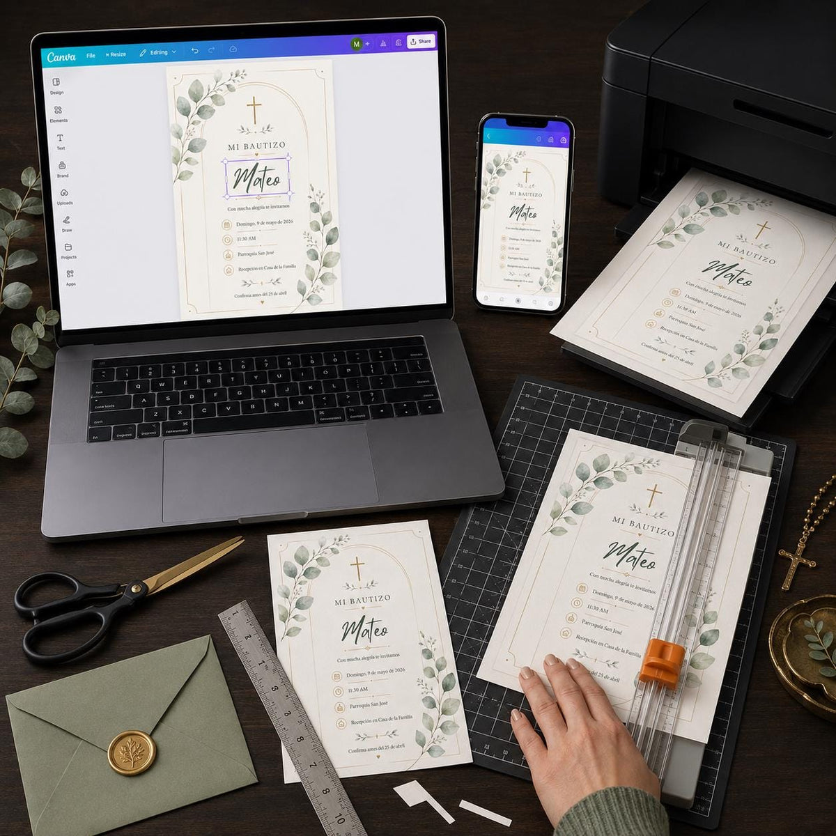 Sage Green and Gold Spanish Baptism Invitation — digital invitation, instant download