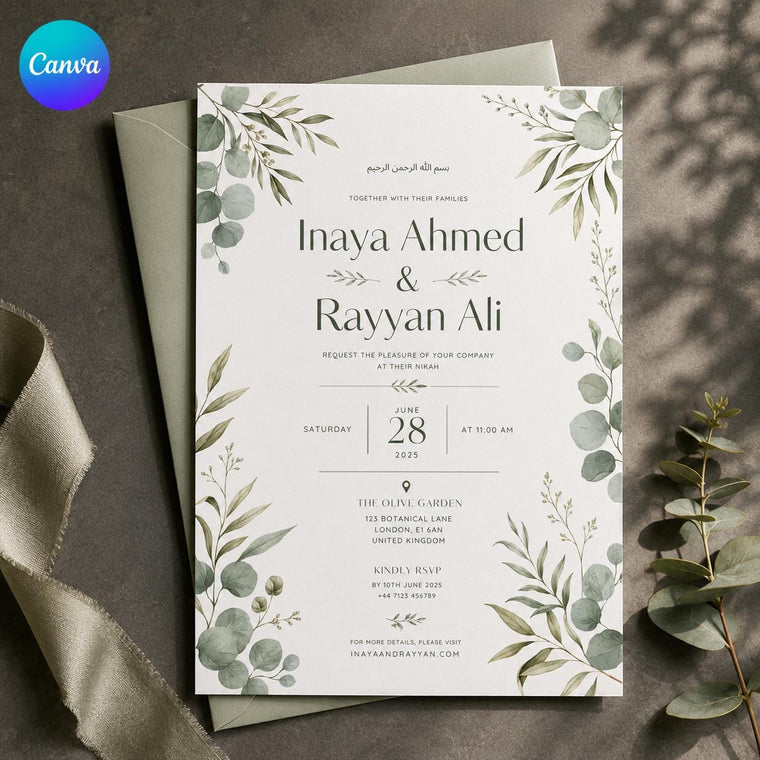 Sage Green Botanical Nikah Invitation