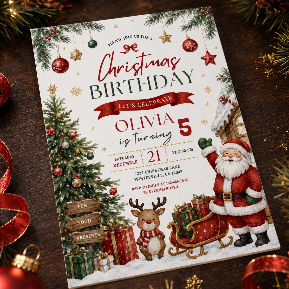 Santa and Reindeer Christmas 5th Birthday Invitation — digital invitation, instant download