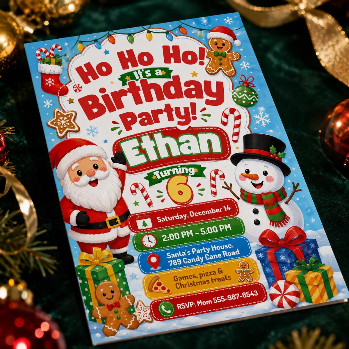 Santa Christmas 6th Birthday Invitation — digital invitation, instant download
