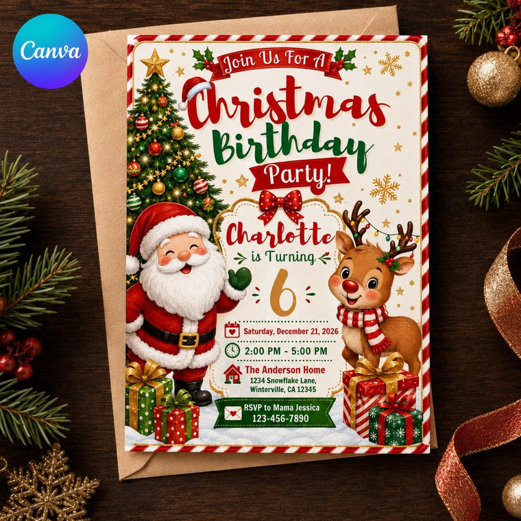 Santa Christmas 6th Birthday Invitation: Santa Reindeer Holiday Party