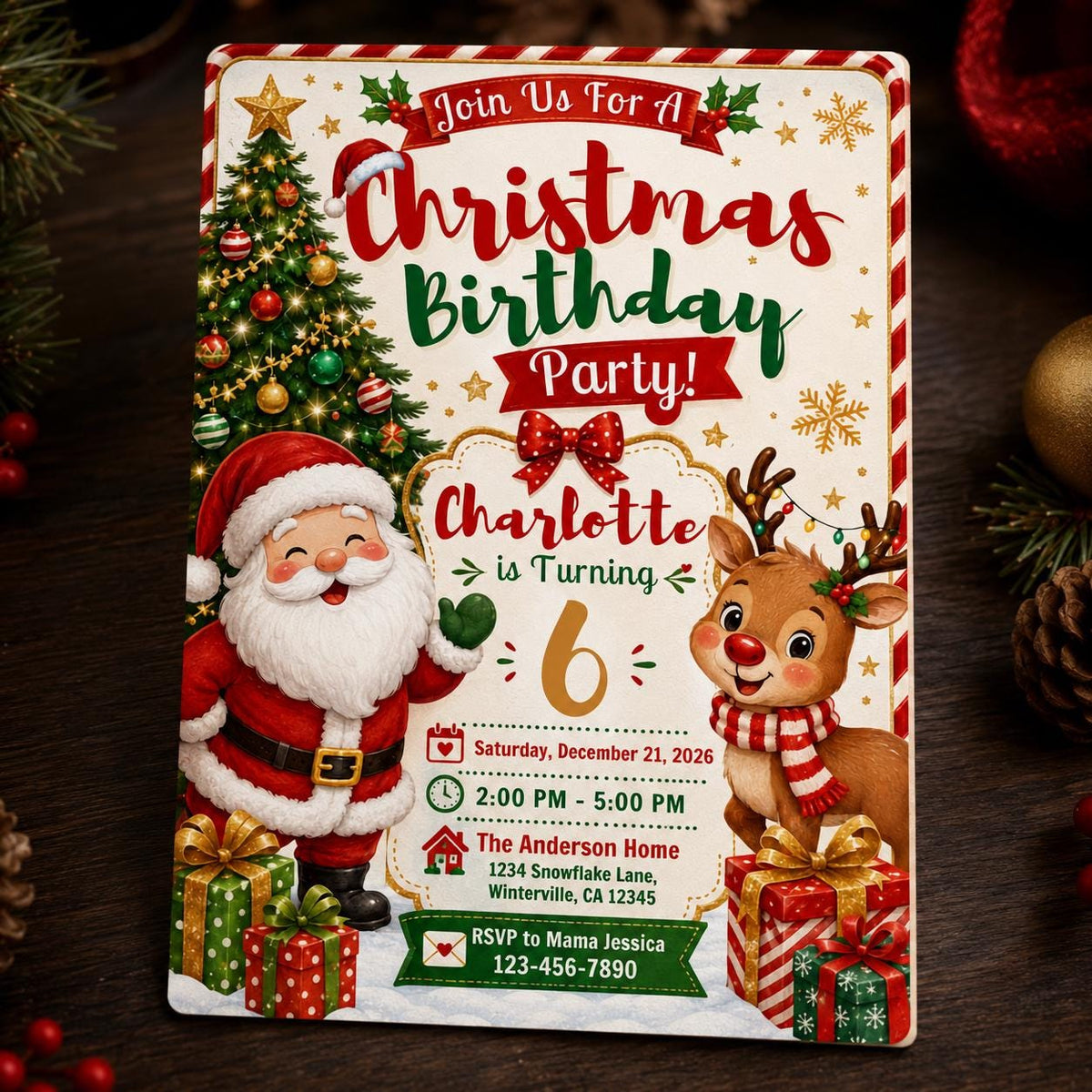 Santa Christmas 6th Birthday Invitation: Santa Reindeer Holiday Party — 6th birthday party stationery by VoltBy