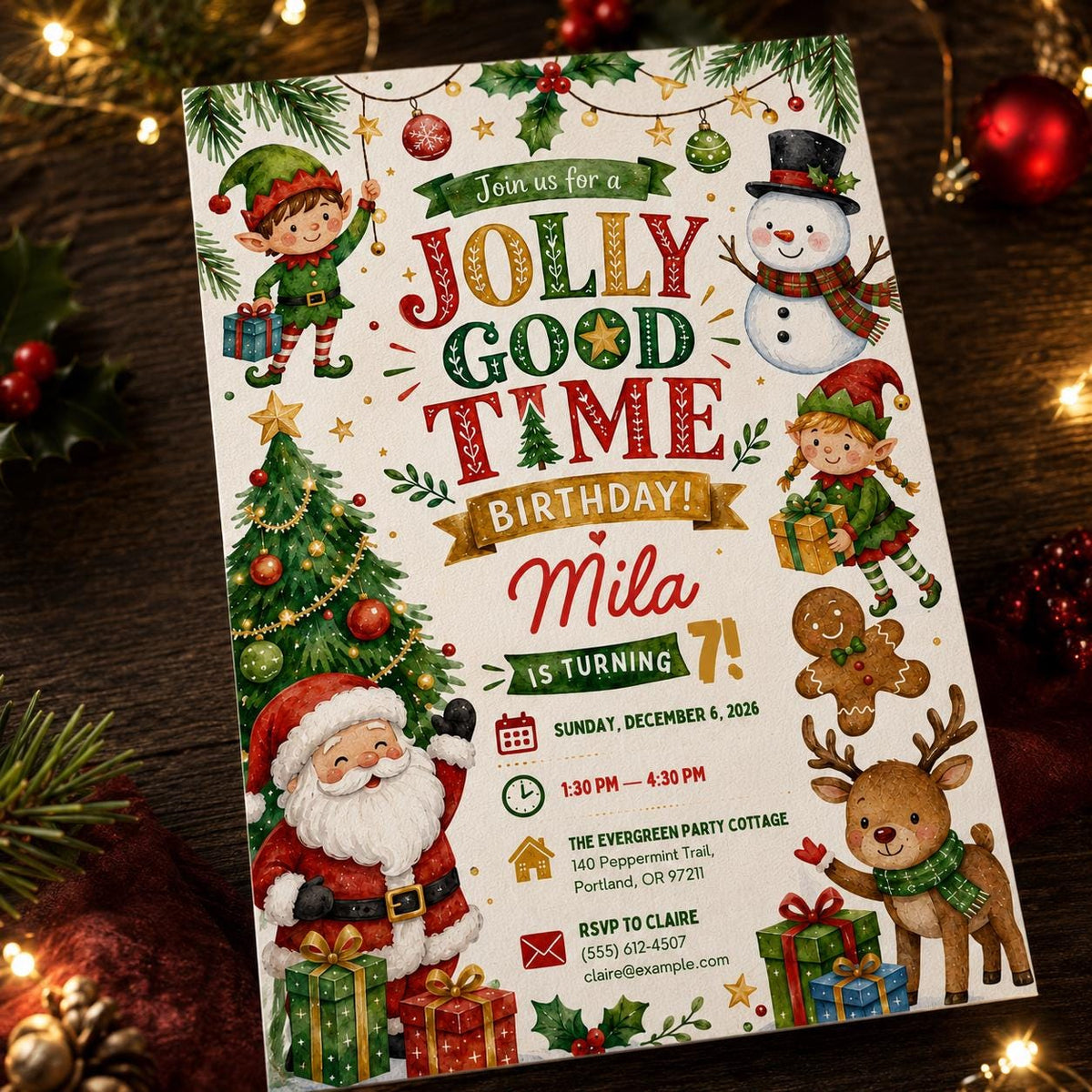 Santa Christmas 7th Birthday Invitation — digital invitation, instant download