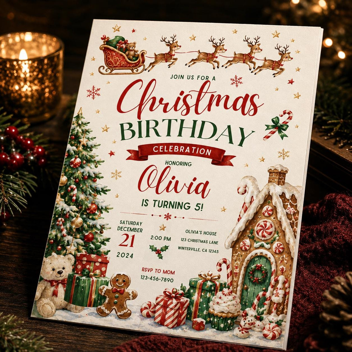Santa Sleigh Christmas 5th Birthday Invitation — reindeer artwork in cream and green
