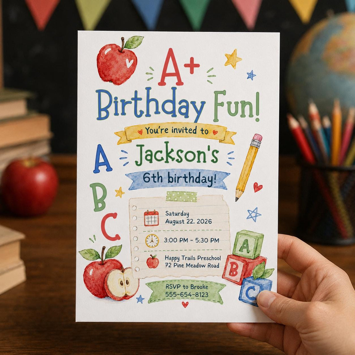 School Supplies Back to School 6th Birthday Invitation — 6th birthday party stationery by VoltBy
